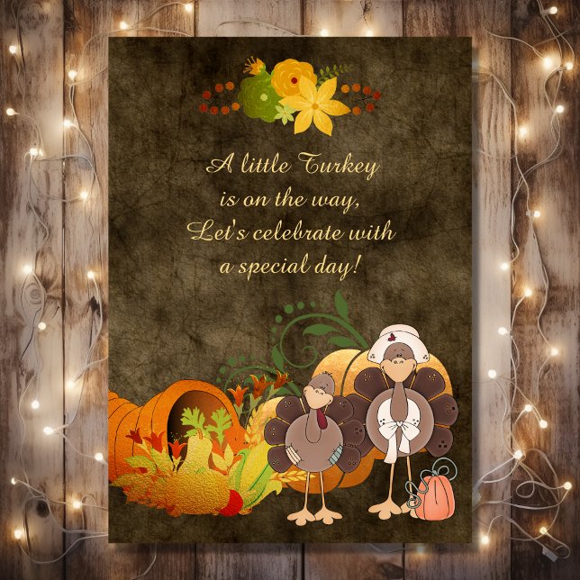 Invitation Joli Golden Thanksgiving Boy Turquie Baby shower (Front - Cute Golden Thanksgiving Boy Turkey Baby Shower Invitation)