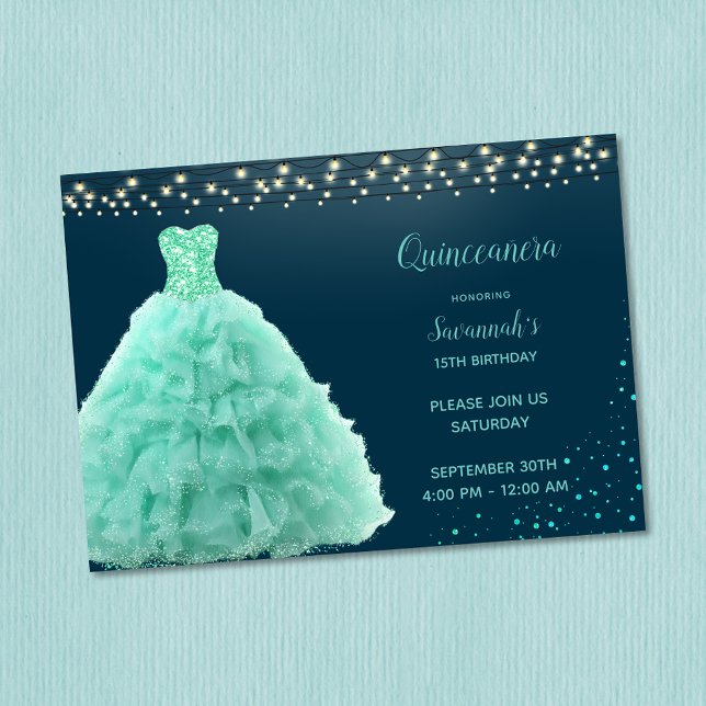 Invitation Joli Gown vert de mer sous les lumières Quinceaner (Créateur téléchargé)