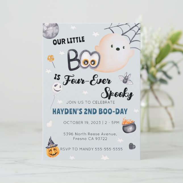 Invitation Joli Halloween 4e anniversaire garçon quatre jamai (Debout devant)