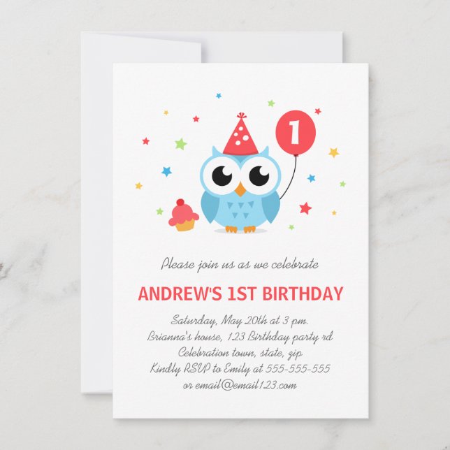 Invitation Joli hibou de fête avec ballons et cupcake anniver (Devant)
