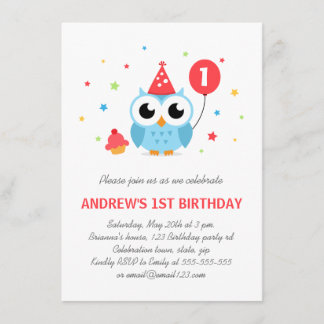 Invitation Joli hibou de fête avec ballons et cupcake anniver