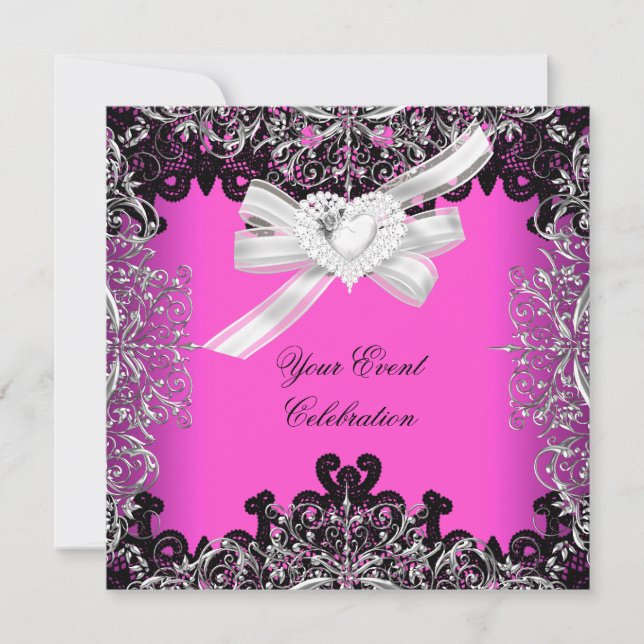 Invitation Joli Hot Rose Blanc Noir Lace Élégante Partie (Devant)