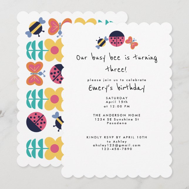 Invitation Joli Jardin Bug Busy Bee Troisième fête d'annivers (Devant / Derrière)