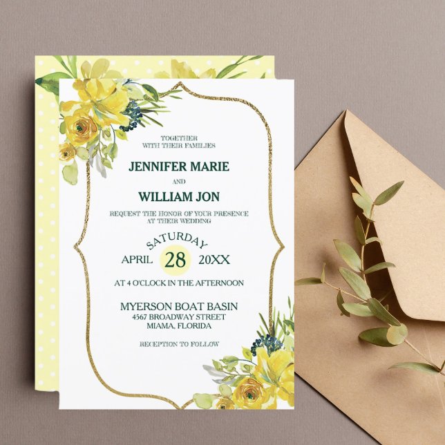 Invitation Joli jaune Floral or Bouquet Mariage (Créateur téléchargé)