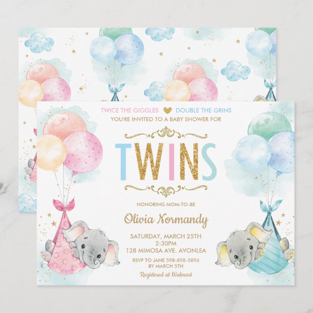 Invitation Joli Jumeaux Garçon Fille Eléphant Baby shower Spr (Devant / Derrière)