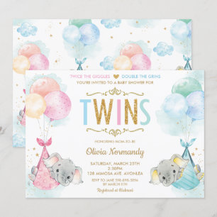 Invitation Joli Jumeaux Garçon Fille Eléphant Baby shower Spr