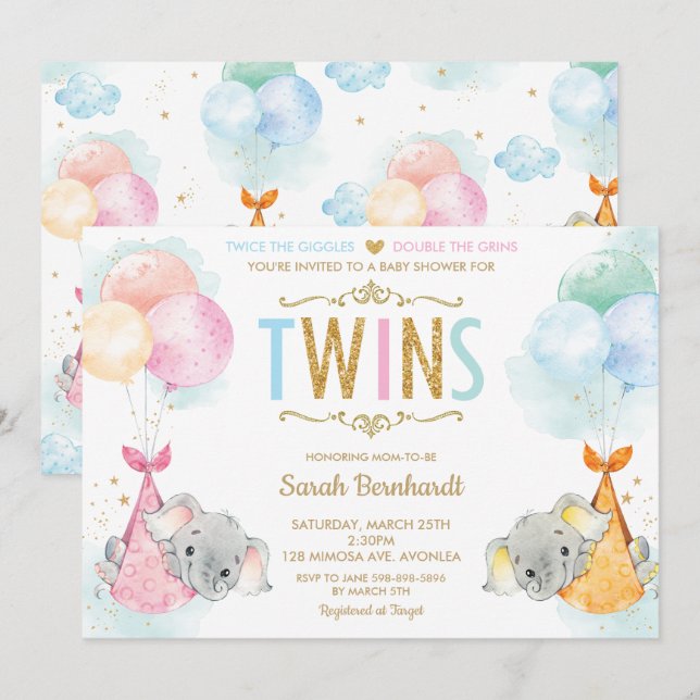 Invitation Joli Jumeaux Garçon Fille Eléphant Baby shower Spr (Devant / Derrière)
