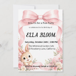 Invitation Joli Lapin à Ruban Rose Coquette pour 1er Annivers