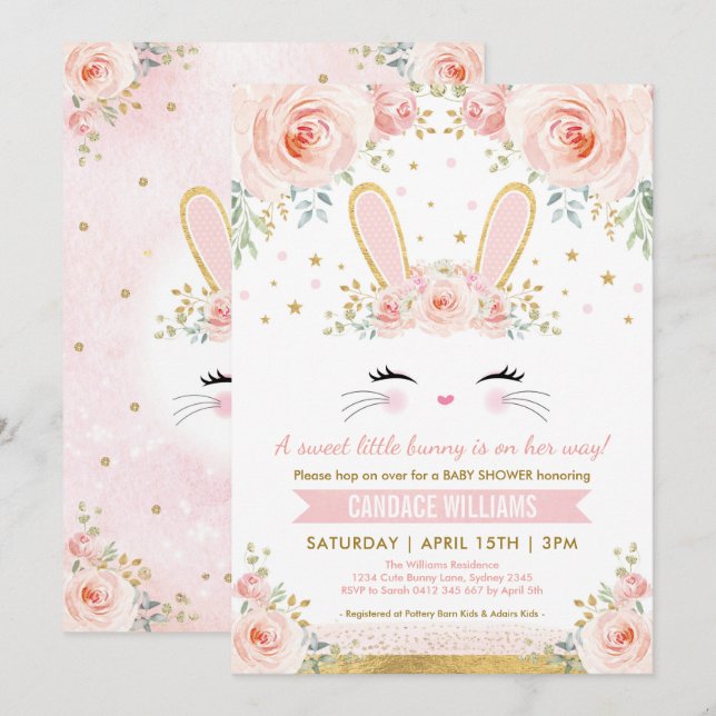 Invitation Joli lapin Baby shower fille / Blush Gold Rabbit (Devant / Derrière)