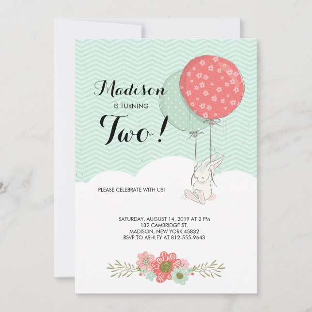 Invitation Joli lapin blanc avec ballons fête d'anniversaire (Devant)