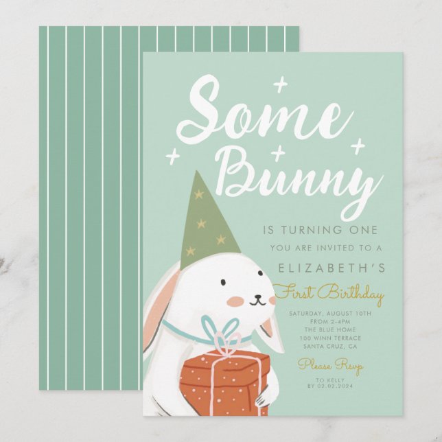 Invitation Joli lapin blanc Un lapin devient un Anniversaire (Devant / Derrière)