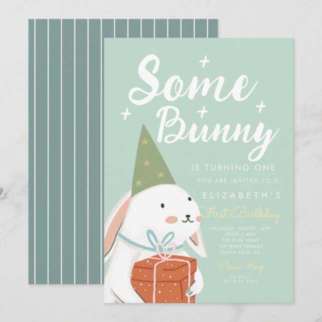 Invitation Joli lapin blanc Un lapin devient un Anniversaire (Devant / Derrière)