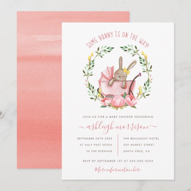 Invitation Joli lapin et aquarelle Fleurs Baby shower fille (Devant / Derrière)