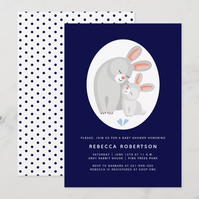 Invitation Joli lapin et lapin bleu marine bébé garçon douche (Devant / Derrière)