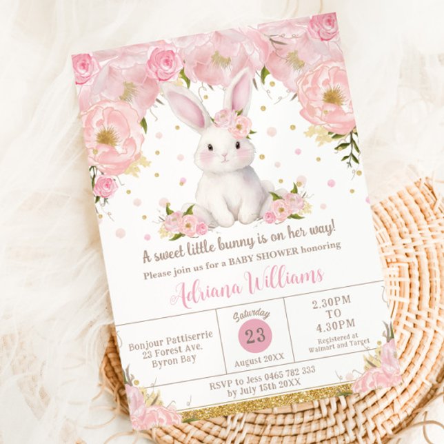 Invitation Joli Lapin Lapin Lapin Rose Baby shower Floral (Créateur téléchargé)