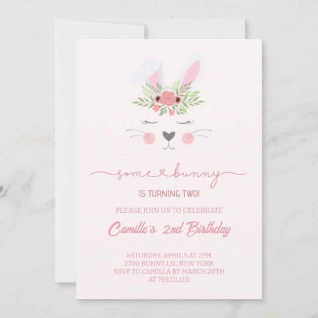 Invitation Joli lapin rose fille anniversaire (Devant)