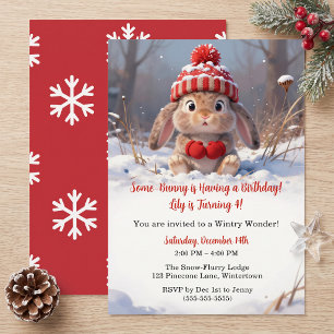 Invitation Joli Lapin Rouge d'Hiver pour un 4ème Anniversaire