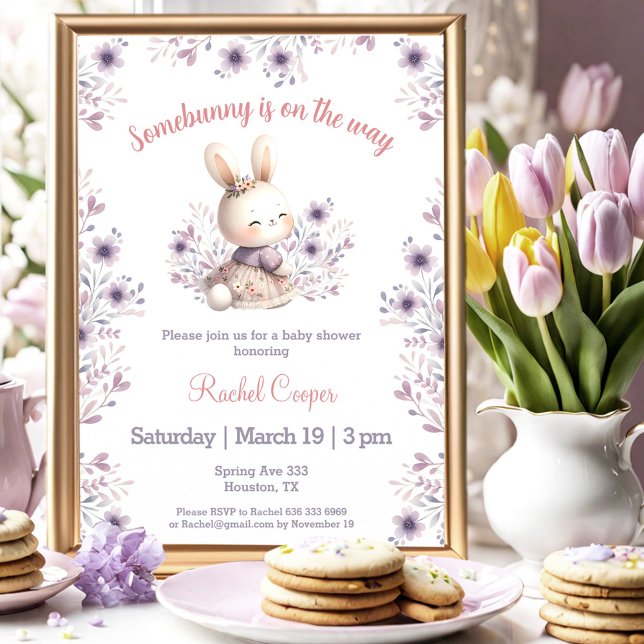 Invitation Joli Lapin Violet Rose Floral Fille Baby shower (Cute Bunny Purple Pink Floral Girl Baby Shower Invitation)