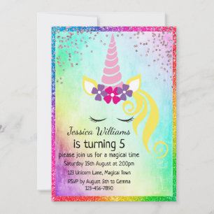 Invitation Joli Licorne Floral, Fête de 5 ans de Fille Paille