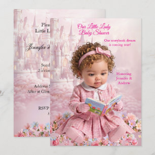 Invitation Joli Livre de Baby Shower pour Petite Fille Rose