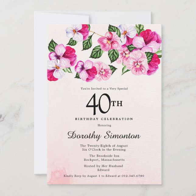 Invitation Joli Magenta rose blanc floral 40e anniversaire (Devant)