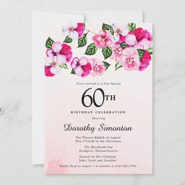 Invitation Joli Magenta rose blanc floral 60e anniversaire (Devant)