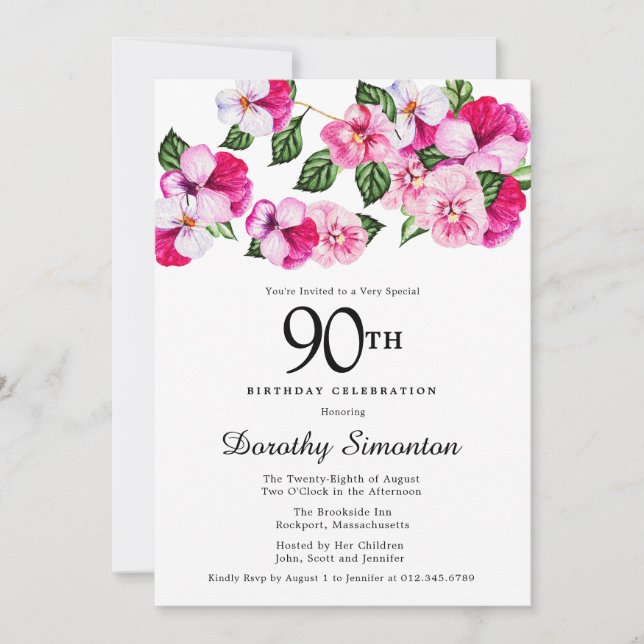 Invitation Joli Magenta rose blanc floral 90e anniversaire (Devant)