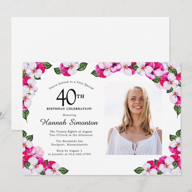 Invitation Joli Magenta rose blanc Photo 40e anniversaire (Devant / Derrière)