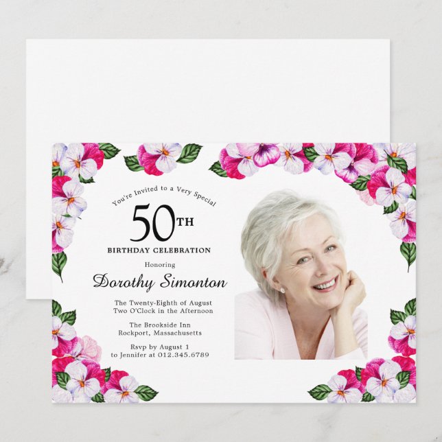 Invitation Joli Magenta rose blanc Photo 50e anniversaire (Devant / Derrière)