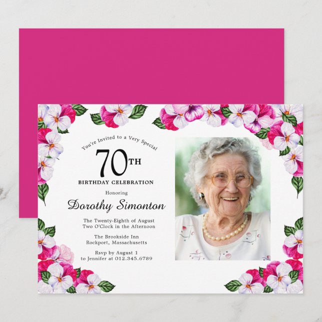 Invitation Joli Magenta rose blanc Photo 70e anniversaire (Devant / Derrière)