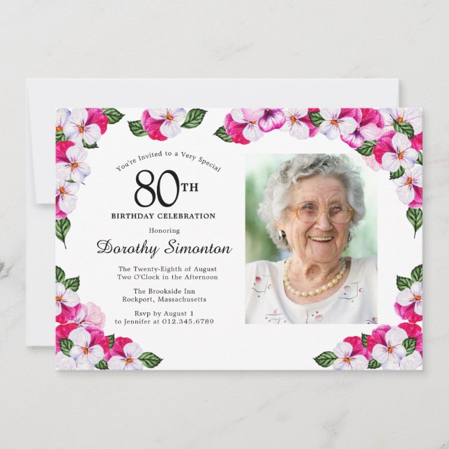 Invitation Joli Magenta rose blanc Photo 80e anniversaire (Devant)