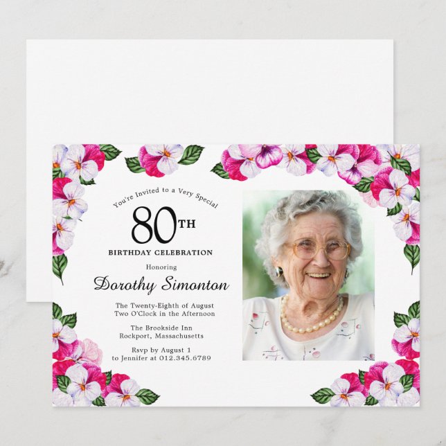 Invitation Joli Magenta rose blanc Photo 80e anniversaire (Devant / Derrière)