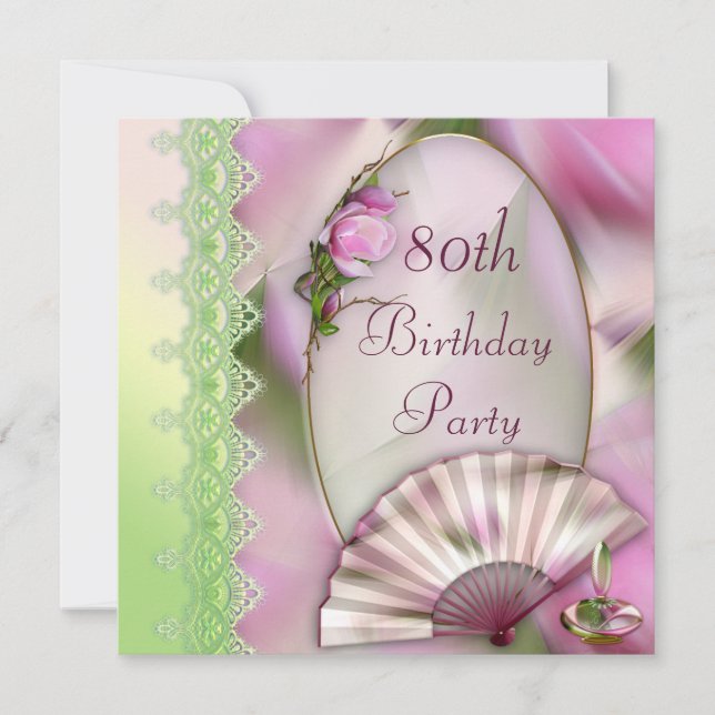 Invitation Joli Magnolia et Fan 80e anniversaire rose (Devant)
