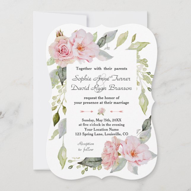 Invitation Joli Mariage à fleurs rose pâle (Devant)
