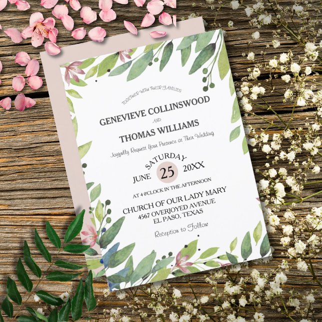Invitation Joli Mariage botanique de printemps rose pâle (Pretty Pink Floral Botanical Wedding Invitation)