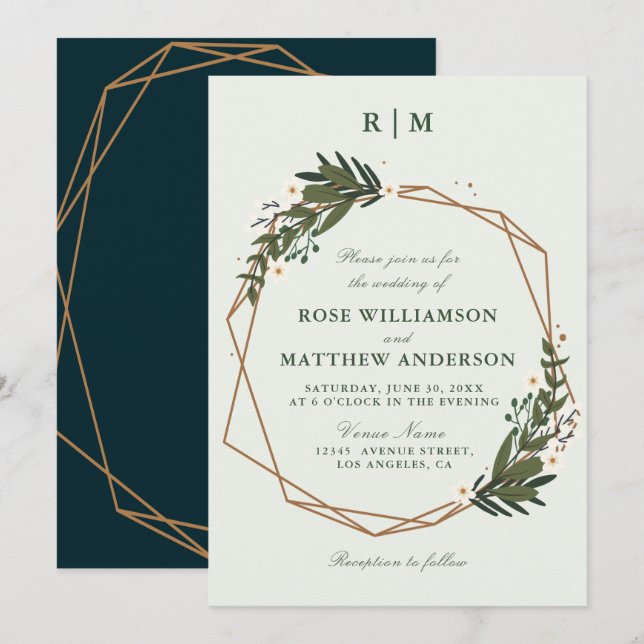Invitation joli mariage de couronnes florales géométriques (Devant / Derrière)
