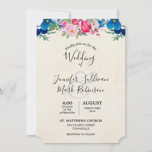 Invitation Joli Mariage de frontière rose et bleu (Devant)