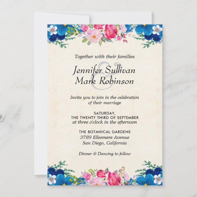 Invitation Joli Mariage de frontière rose et bleu (Devant)