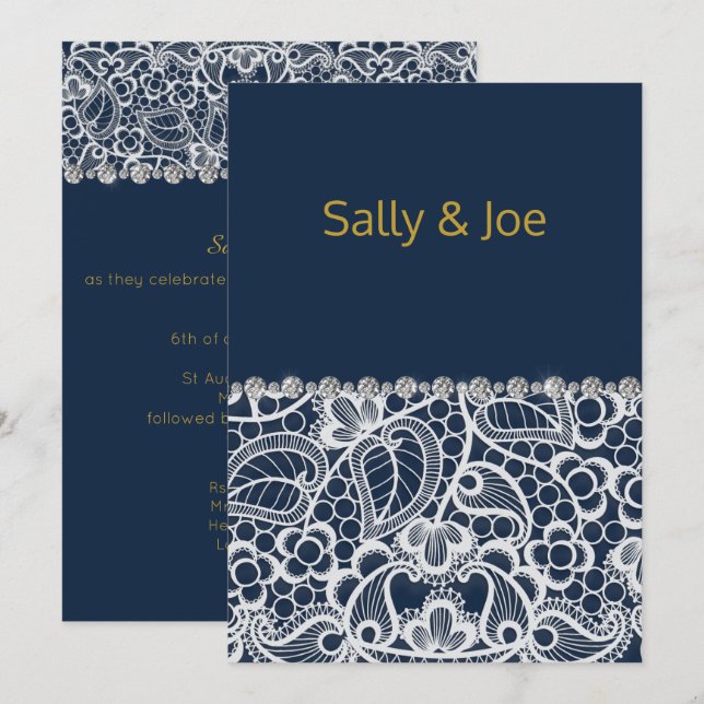 Invitation Joli Mariage Diamond de dentelle de marine (Devant / Derrière)