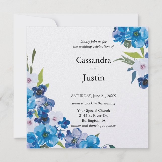 Invitation Joli Mariage Floral Bleu (Devant)