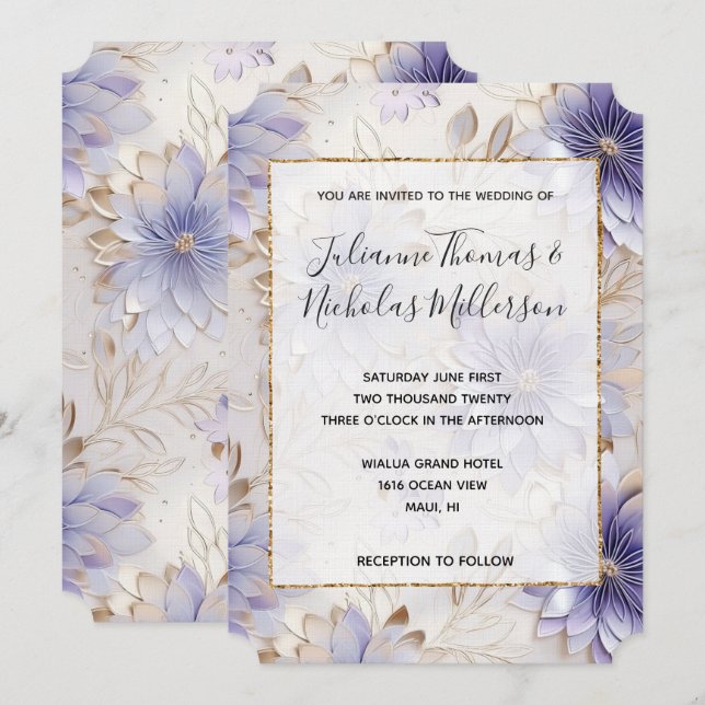 Invitation Joli Mariage Floral Pearl d'or violet (Devant / Derrière)