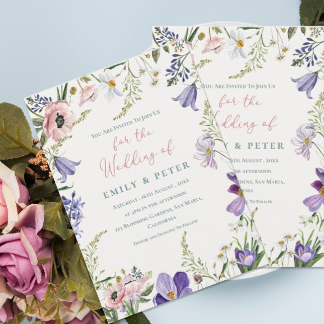 Invitation Joli Mariage Floral Violet rose (Pretty Purple Blush Pink Floral Border Wedding Invitation)
