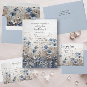 Invitation Joli Mariage Jardin Fleur 3D Bleu et Blanc