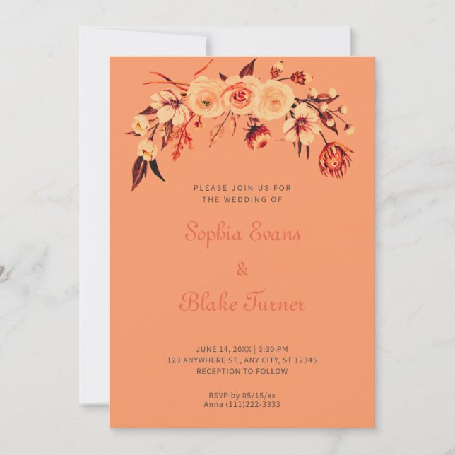 Invitation Joli Mariage orange bohème fleuri (Devant)