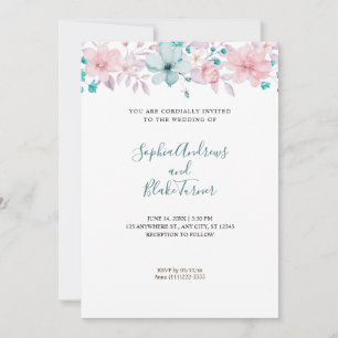 Invitation Joli Mariage rose et bleu Floral blanc