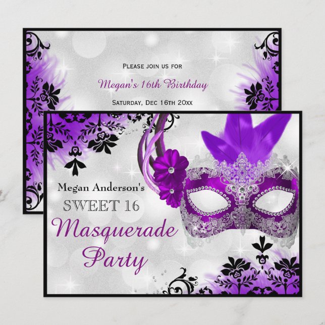 Invitation Joli Masque & Damas Purple Masquerade Sweet 16 (Devant / Derrière)