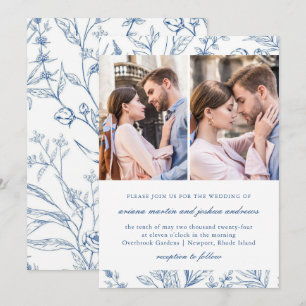 Invitation Joli modèle floral bleu deux Mariage photo