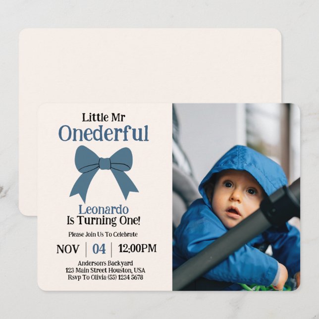 Invitation Joli Monsieur Onederful Blue Bow Boy 1er Anniversa (Devant / Derrière)