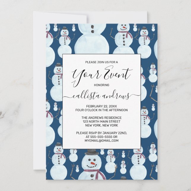 Invitation Joli motif à l'aquarelle d'un bonhomme de neige bl (Devant)