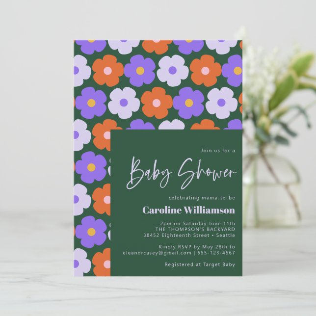 Invitation Joli Motif Fleur Rétro Baby shower vert violet (Debout devant)